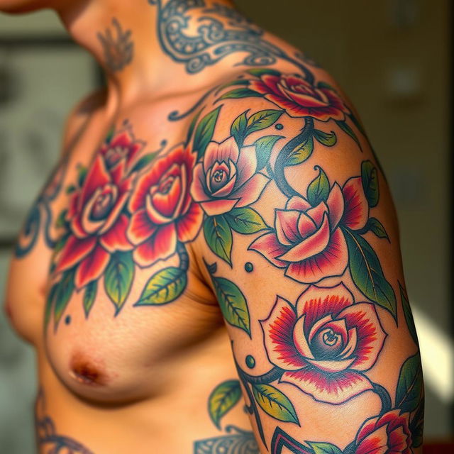 A detailed close-up of Tato's tattoo, showcasing vibrant colors and intricate designs