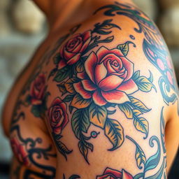 A detailed close-up of Tato's tattoo, showcasing vibrant colors and intricate designs