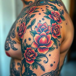 A detailed close-up of Tato's tattoo, showcasing vibrant colors and intricate designs