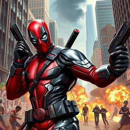 A dynamic action scene featuring Deadpool in an advanced, futuristic iron suit, showcasing his iconic mask with a sleek, high-tech armor design