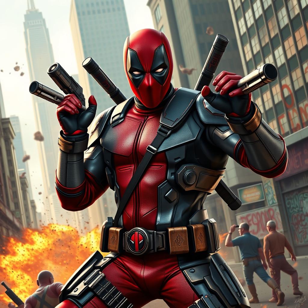 A dynamic action scene featuring Deadpool in an advanced, futuristic iron suit, showcasing his iconic mask with a sleek, high-tech armor design