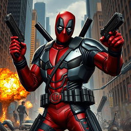 A dynamic action scene featuring Deadpool in an advanced, futuristic iron suit, showcasing his iconic mask with a sleek, high-tech armor design