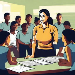 A high-quality vector art image vividly portraying a stressed female Physical Education teacher in a dynamic classroom environment