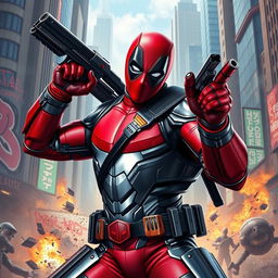 A dynamic action scene featuring Deadpool in an advanced, futuristic iron suit, showcasing his iconic mask with a sleek, high-tech armor design