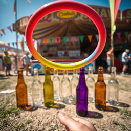 A dynamic point-of-view shot from the perspective of a player tossing a bright colorful hoop toward a set of various empty glass bottles arranged on the ground