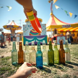 A dynamic point-of-view shot from the perspective of a player tossing a bright colorful hoop toward a set of various empty glass bottles arranged on the ground