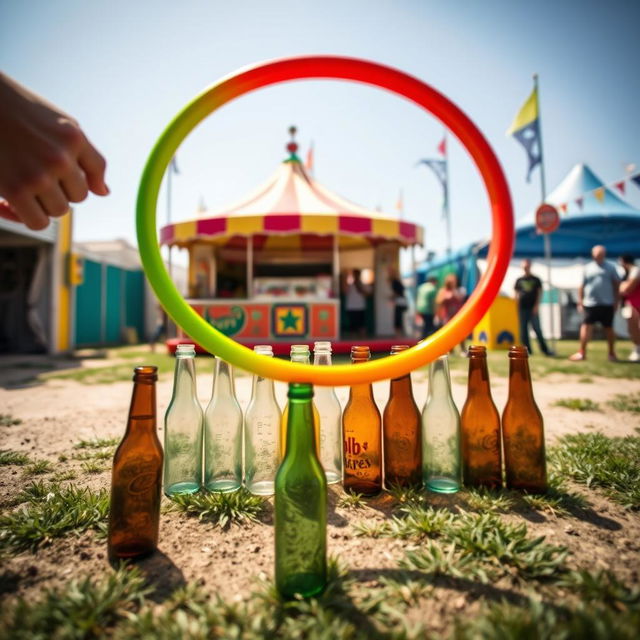 A dynamic point-of-view shot from the perspective of a player tossing a bright colorful hoop toward a set of various empty glass bottles arranged on the ground