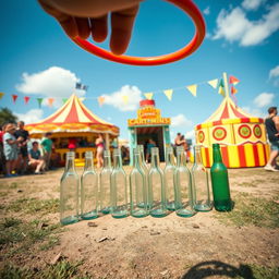 A dynamic point-of-view shot from the perspective of a player tossing a bright colorful hoop toward a set of various empty glass bottles arranged on the ground