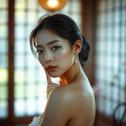 A tasteful artistic representation of an Asian model gracefully posing, showcasing elegance and beauty