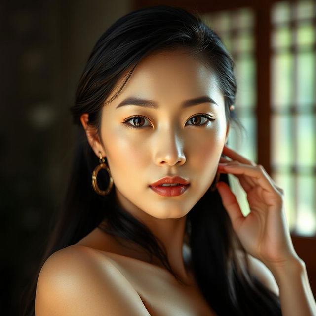 A tasteful artistic representation of an Asian model gracefully posing, showcasing elegance and beauty