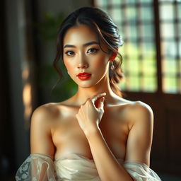 A tasteful artistic representation of an Asian model gracefully posing, showcasing elegance and beauty