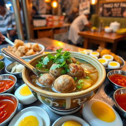 A delicious bowl of bakso kuah, featuring steaming meatballs in a flavorful broth, garnished with fresh herbs like cilantro and green onions