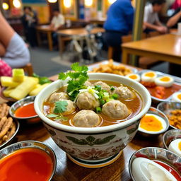 A delicious bowl of bakso kuah, featuring steaming meatballs in a flavorful broth, garnished with fresh herbs like cilantro and green onions