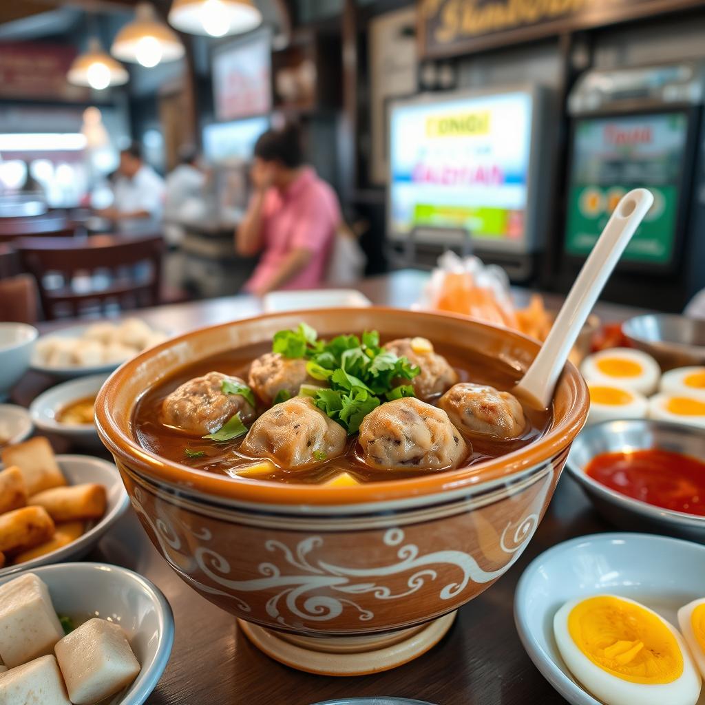 A delicious bowl of bakso kuah, featuring steaming meatballs in a flavorful broth, garnished with fresh herbs like cilantro and green onions