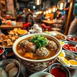 A delicious bowl of bakso kuah, featuring steaming meatballs in a flavorful broth, garnished with fresh herbs like cilantro and green onions