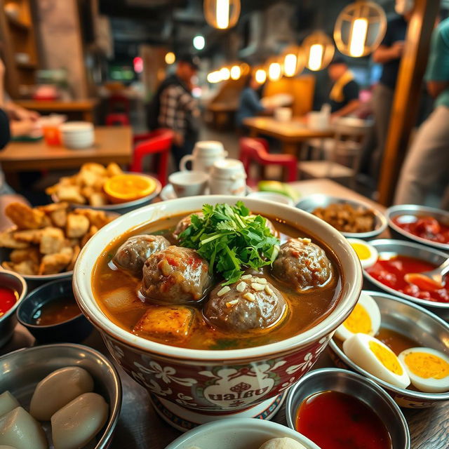 A delicious bowl of bakso kuah, featuring steaming meatballs in a flavorful broth, garnished with fresh herbs like cilantro and green onions