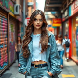 A 24-year-old woman standing confidently in a vibrant urban setting, wearing a fashionable outfit that highlights her youthful spirit