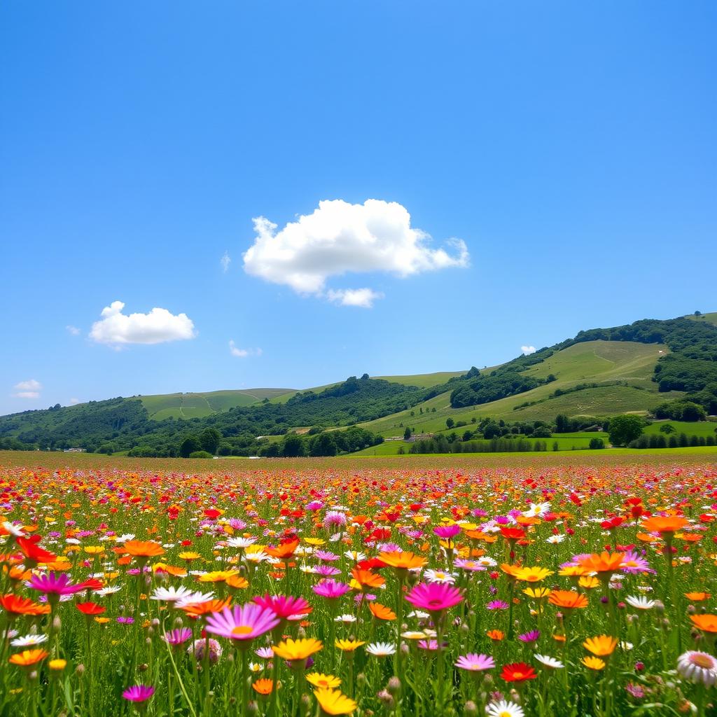 A serene landscape featuring a vast field of colorful wildflowers under a bright blue sky