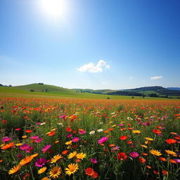 A serene landscape featuring a vast field of colorful wildflowers under a bright blue sky