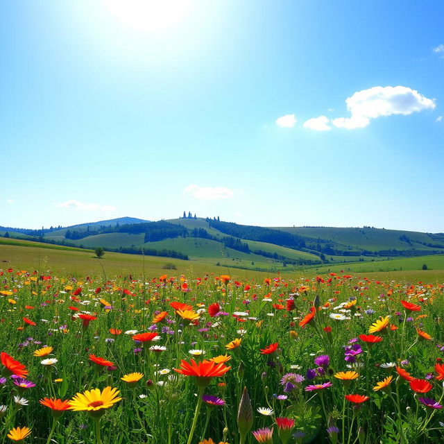 A serene landscape featuring a vast field of colorful wildflowers under a bright blue sky