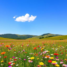 A serene landscape featuring a vast field of colorful wildflowers under a bright blue sky