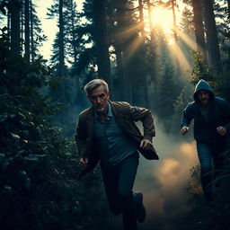 A dramatic scene depicting three men escaping through a dense forest at dusk