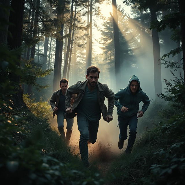 A dramatic scene depicting three men escaping through a dense forest at dusk