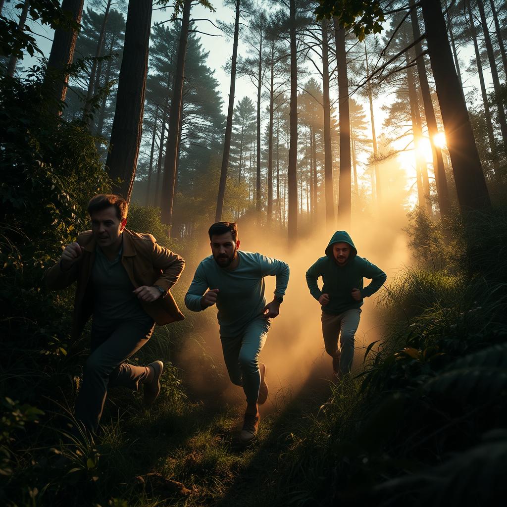 A dramatic scene depicting three men escaping through a dense forest at dusk