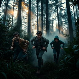 A dramatic scene depicting three men escaping through a dense forest at dusk