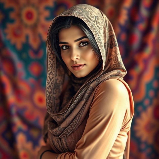 A portrait of a young woman wearing an intricate eastern shawl, featuring beautiful patterns and a smooth texture