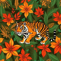 A beautiful batik fabric design that blends traditional patterns with the motif of a majestic tiger
