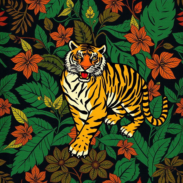 A beautiful batik fabric design that blends traditional patterns with the motif of a majestic tiger