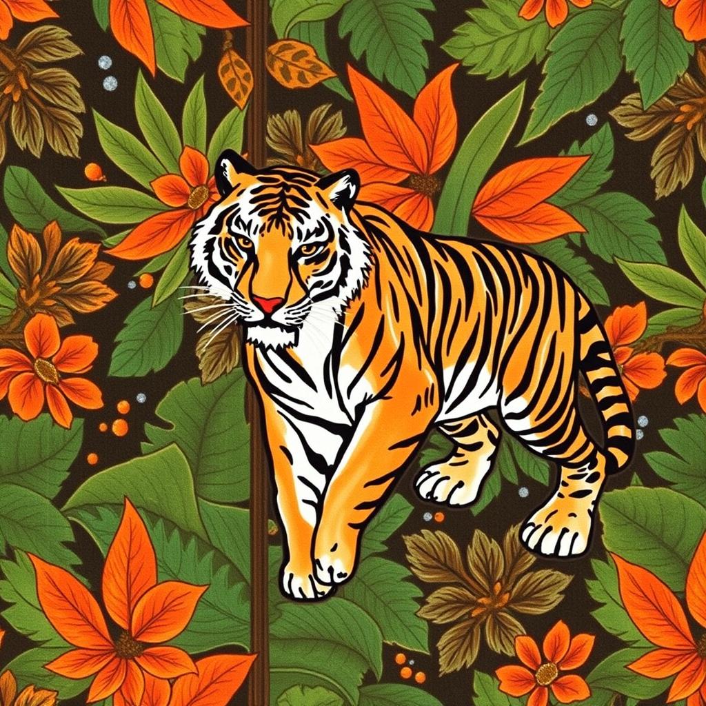 A beautiful batik fabric design that blends traditional patterns with the motif of a majestic tiger