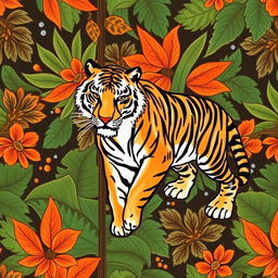 A beautiful batik fabric design that blends traditional patterns with the motif of a majestic tiger