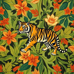 A beautiful batik fabric design that blends traditional patterns with the motif of a majestic tiger