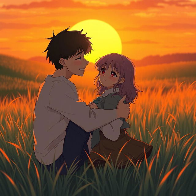 A romantic scene during sunset, showcasing a warm, orange glow illuminating the grassy landscape