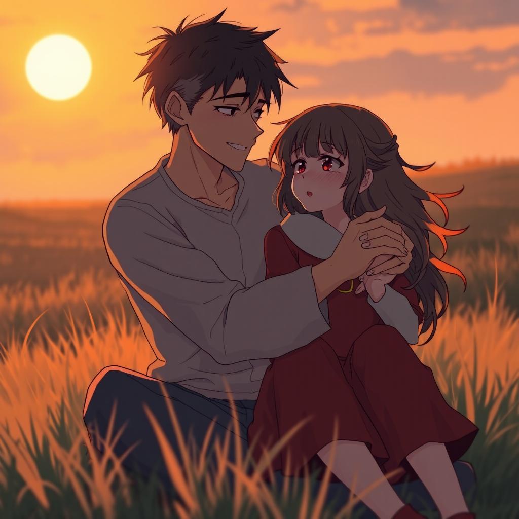 A romantic scene during sunset, showcasing a warm, orange glow illuminating the grassy landscape