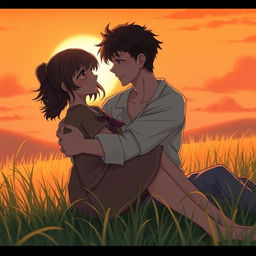 A romantic scene during sunset, showcasing a warm, orange glow illuminating the grassy landscape