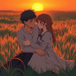 A romantic scene during sunset, showcasing a warm, orange glow illuminating the grassy landscape