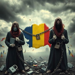 A powerful and evocative representation of Romania depicted as a country bound in chains, symbolizing the control of globalists