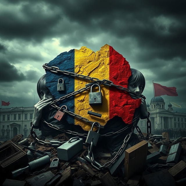 A powerful and evocative representation of Romania depicted as a country bound in chains, symbolizing the control of globalists