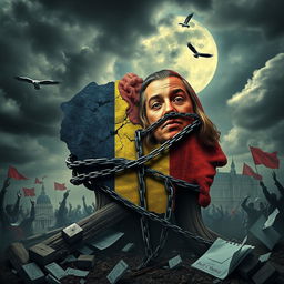 A powerful and evocative representation of Romania depicted as a country bound in chains, symbolizing the control of globalists
