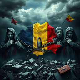 A powerful and evocative representation of Romania depicted as a country bound in chains, symbolizing the control of globalists