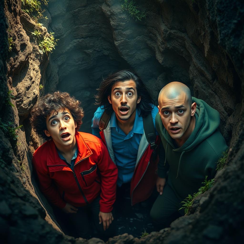 A dramatic scene depicting three people in a deep pit, looking surprised and bewildered