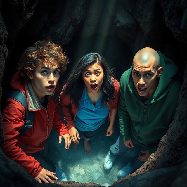 A dramatic scene depicting three people in a deep pit, looking surprised and bewildered