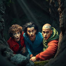 A dramatic scene depicting three people in a deep pit, looking surprised and bewildered
