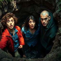 A dramatic scene depicting three people in a deep pit, looking surprised and bewildered
