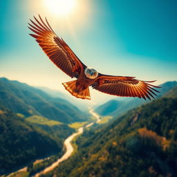 A majestic, vibrant eagle soaring high in a clear blue sky, its wings outstretched, showcasing a stunning feather pattern of browns and whites