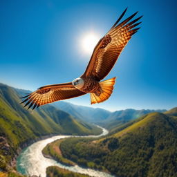 A majestic, vibrant eagle soaring high in a clear blue sky, its wings outstretched, showcasing a stunning feather pattern of browns and whites