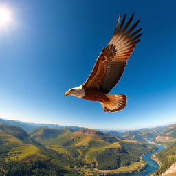 A majestic, vibrant eagle soaring high in a clear blue sky, its wings outstretched, showcasing a stunning feather pattern of browns and whites